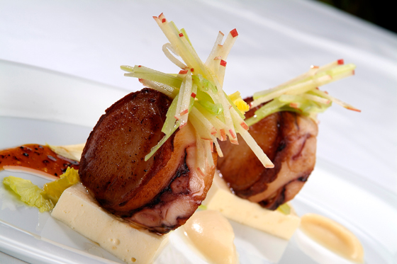 Octopus bacon-wrapped scallop canape