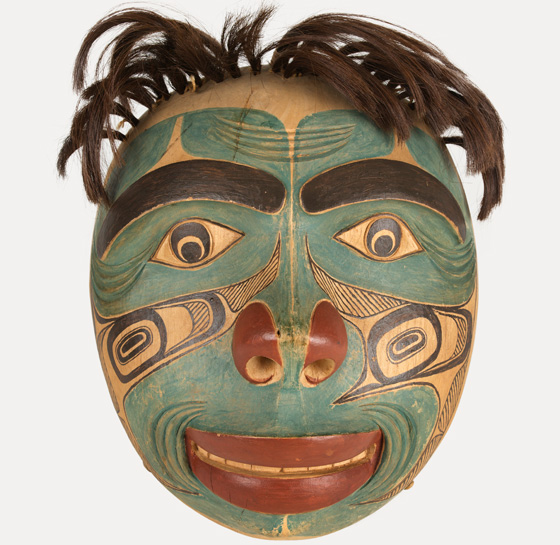 Humanoid Mask, 1902, wood, pigment, hair, string