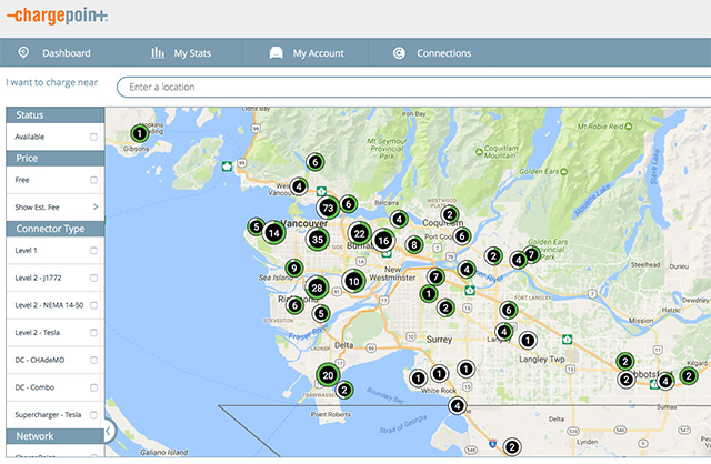 ChargePoint stations around Lower Mainland