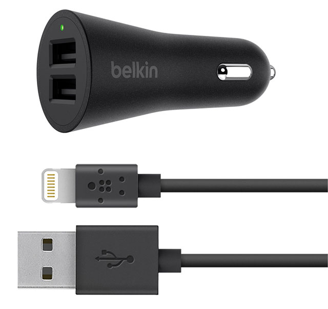 Belkin 2-Port Car Charger + USB-A to Lightning Cable